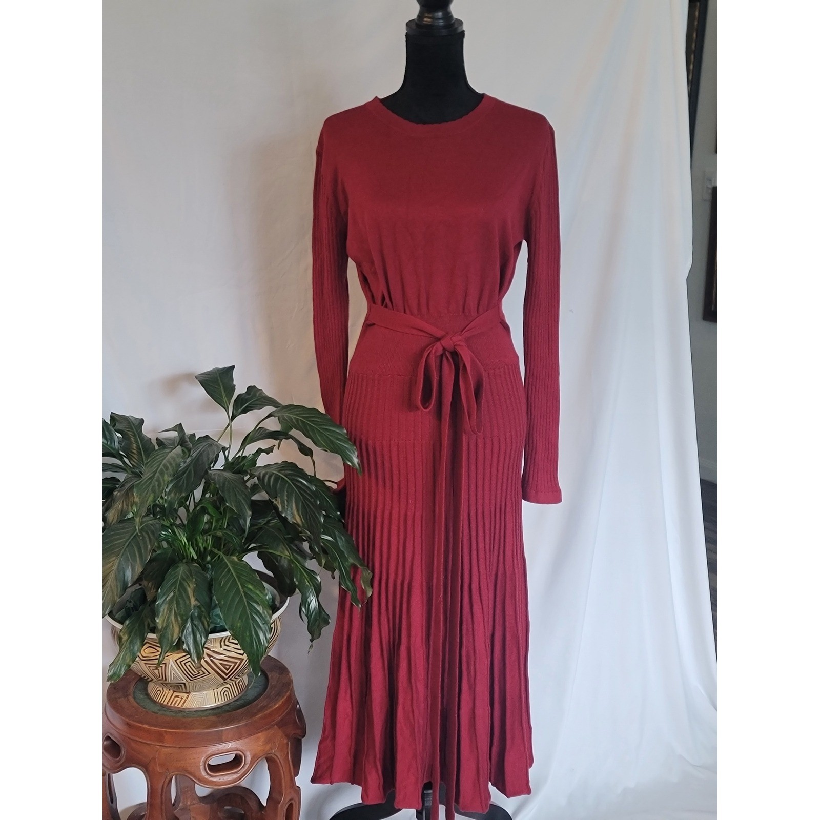 Fincati Cashmere Wool Blend Belted Ribbed Sweater Dress Burgundy Red Large