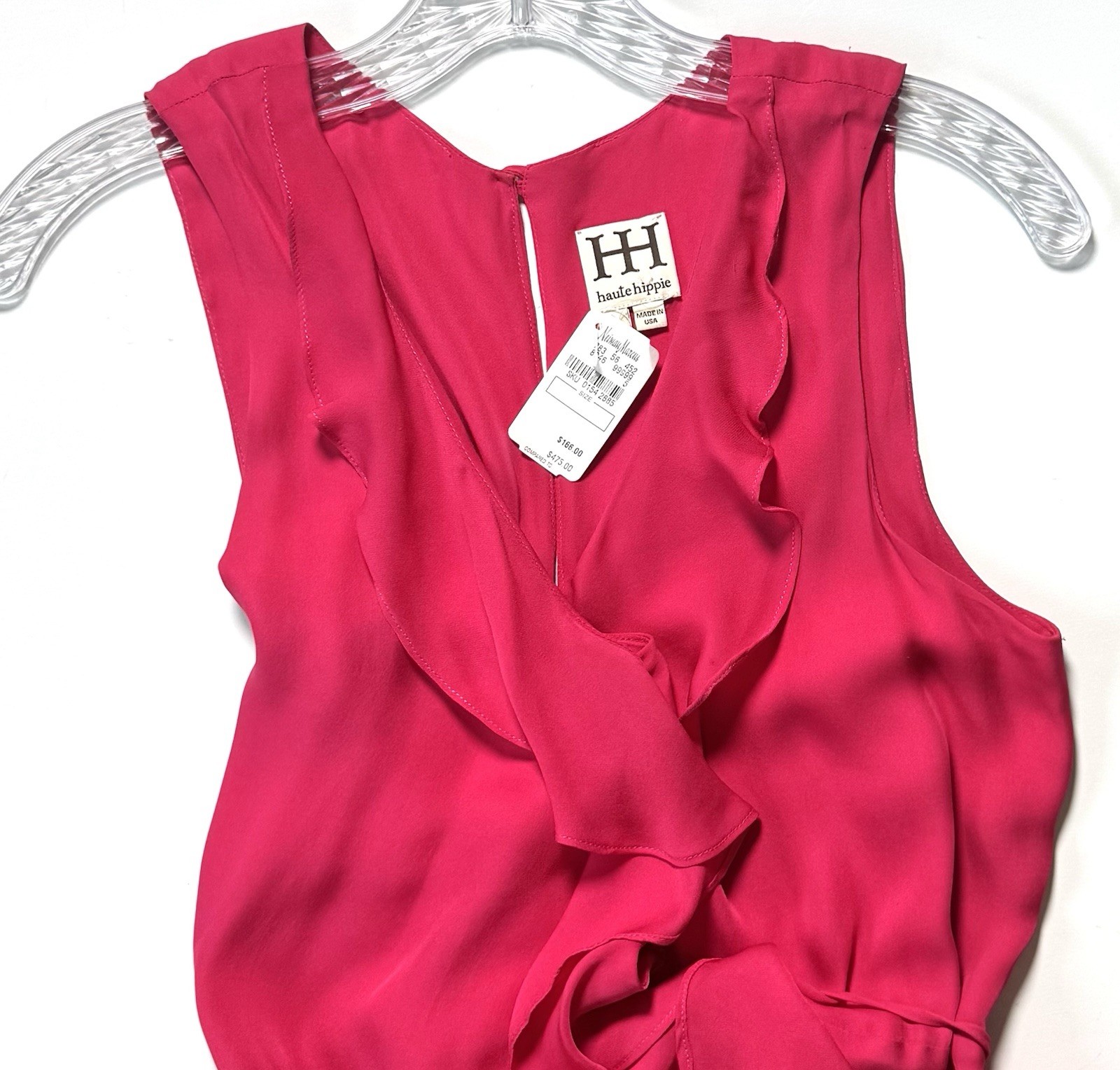 Haute Hippie NWT $475 Hot Pink Silk Wrap Ruffle Midi Dress High Low Hem Vneck