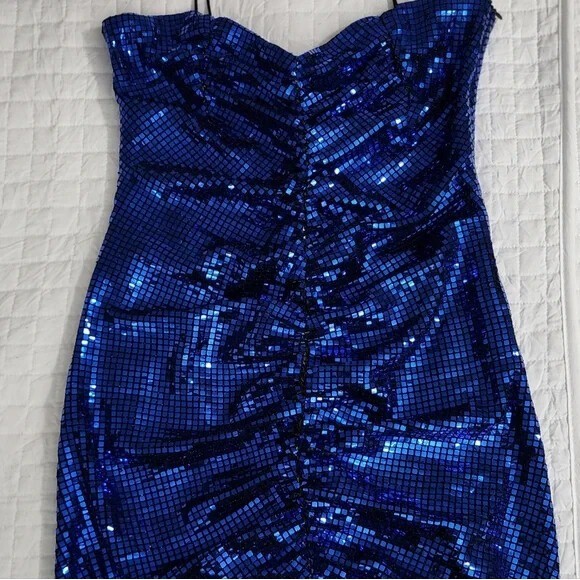 Zara Ink Blue Spaghetti Strap Sequin Ruched Disco Mini Dress 9420/701 Size L