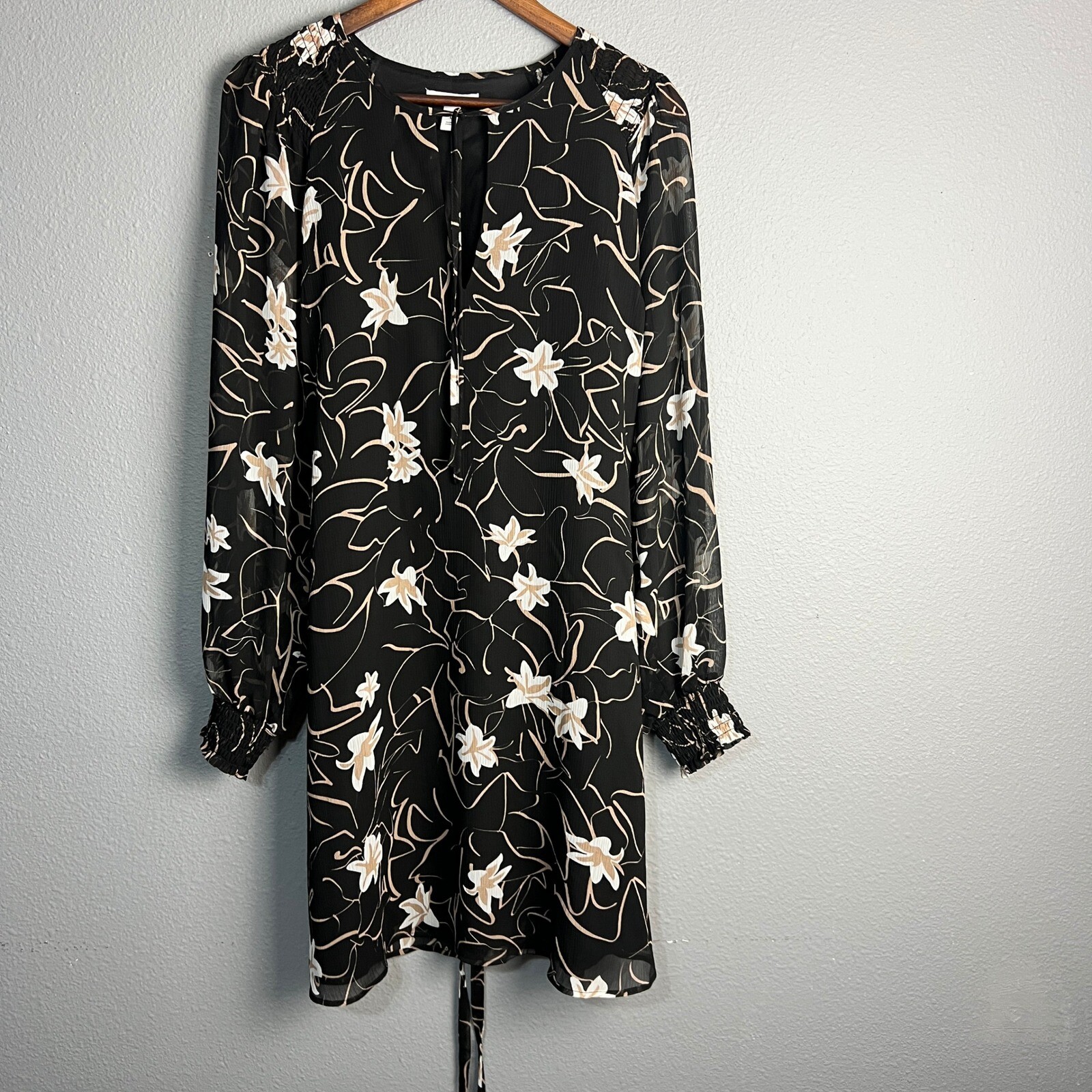 Elizabeth and James Floral Print Dress Long Smocked Hem Sleeve Sheer Black L