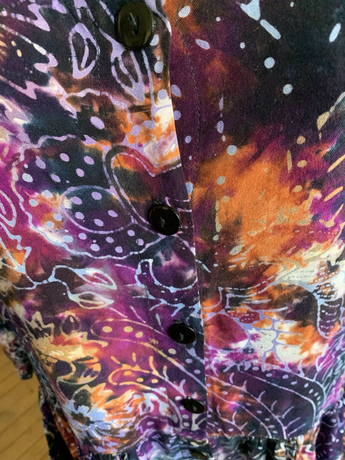 Women’s Purple Abstract V-Neck 3/4 Sleeve Button Front Midi Dress Regular