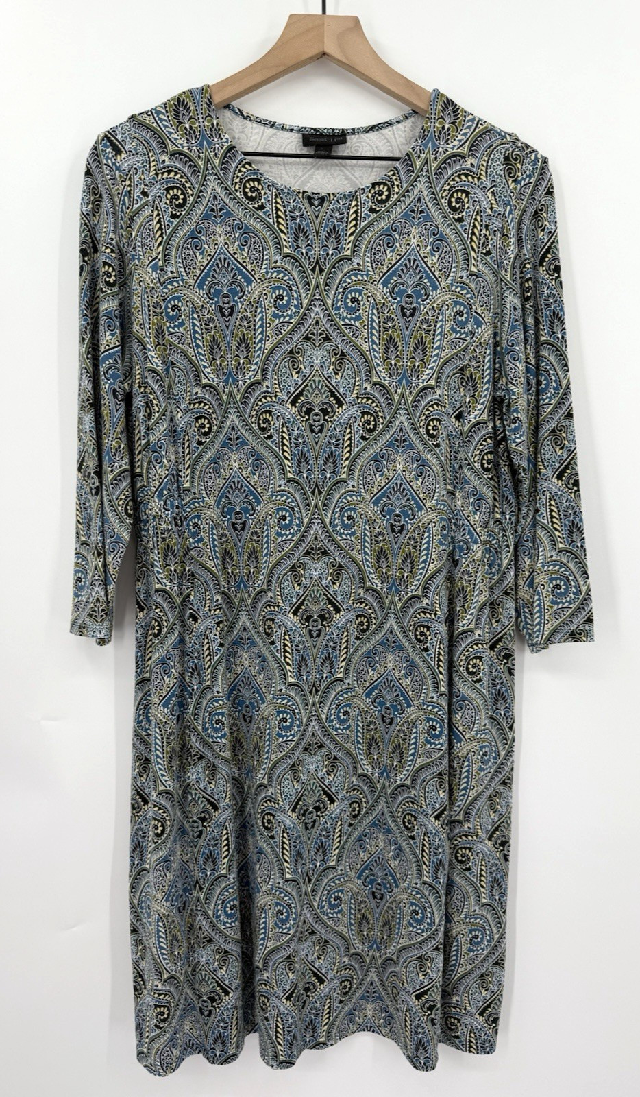 J Jill Dress Women Medium Blue Green Geometric Stretch Party Cruise Wedding
