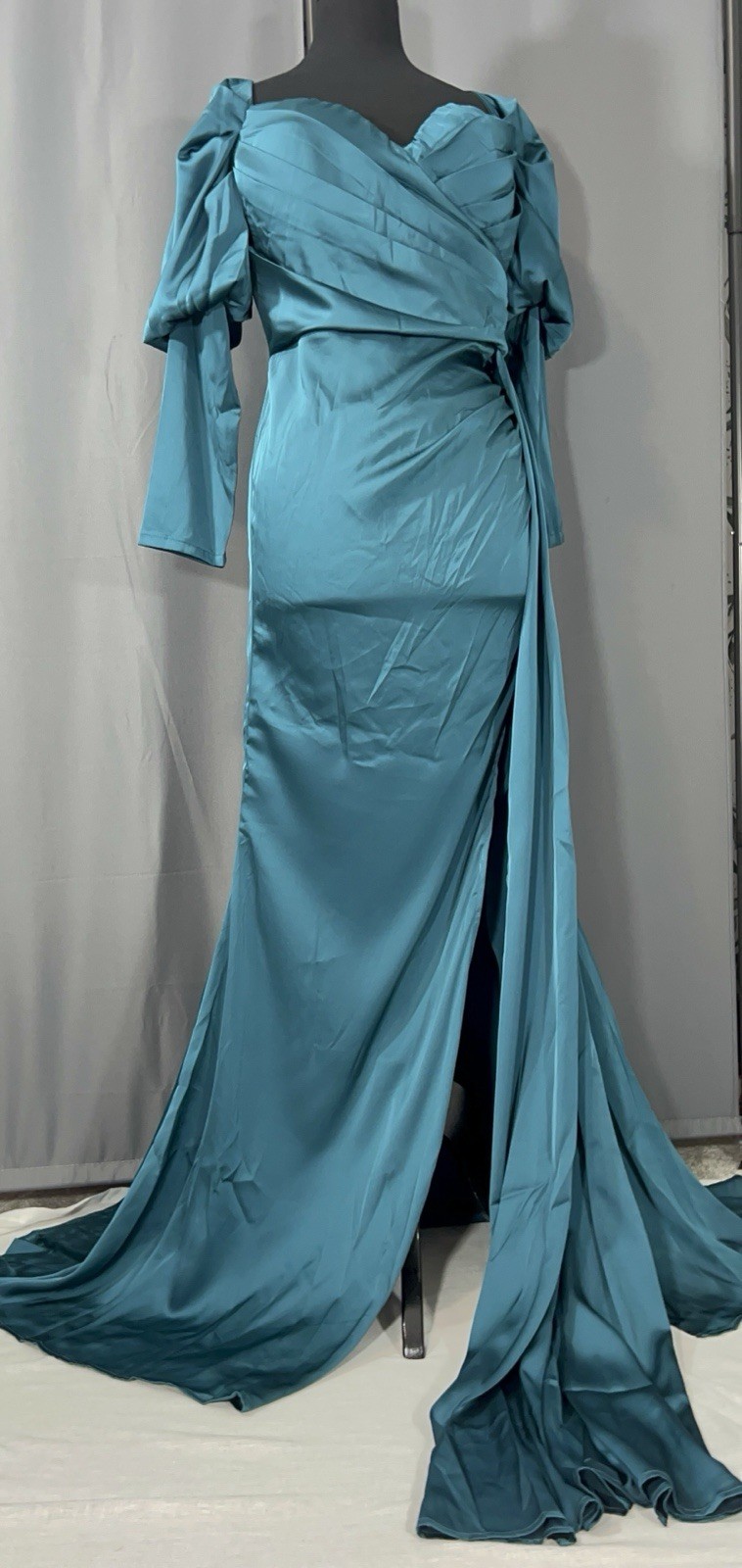Green Satin A-line Long Sleeve Prom Gown Wedding Guest Cocktail Evening Dress #J