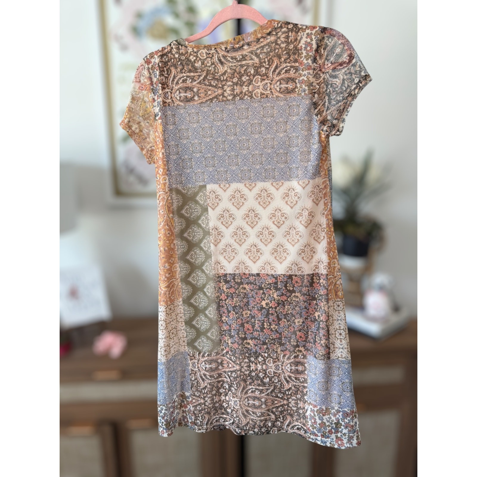 Originality Short Sleeve Mesh Patchwork Mini Dress Multicolor Womens Size Medium