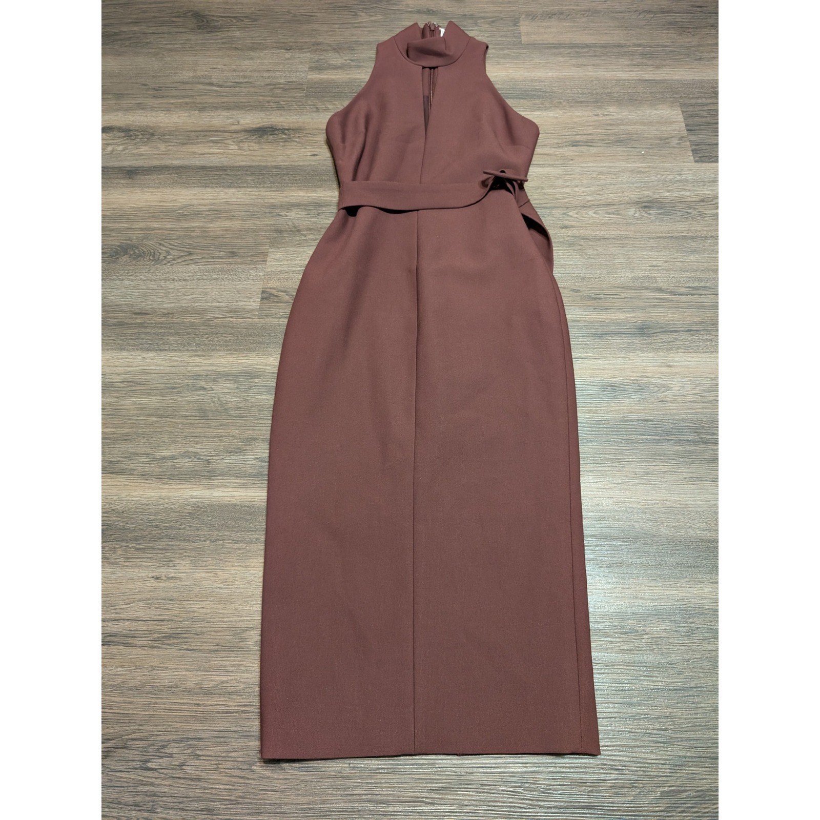 Cinq a Sept Maroon Halter Neck Belted Keyhole Midi Dress Size 4 Burgundy Slit