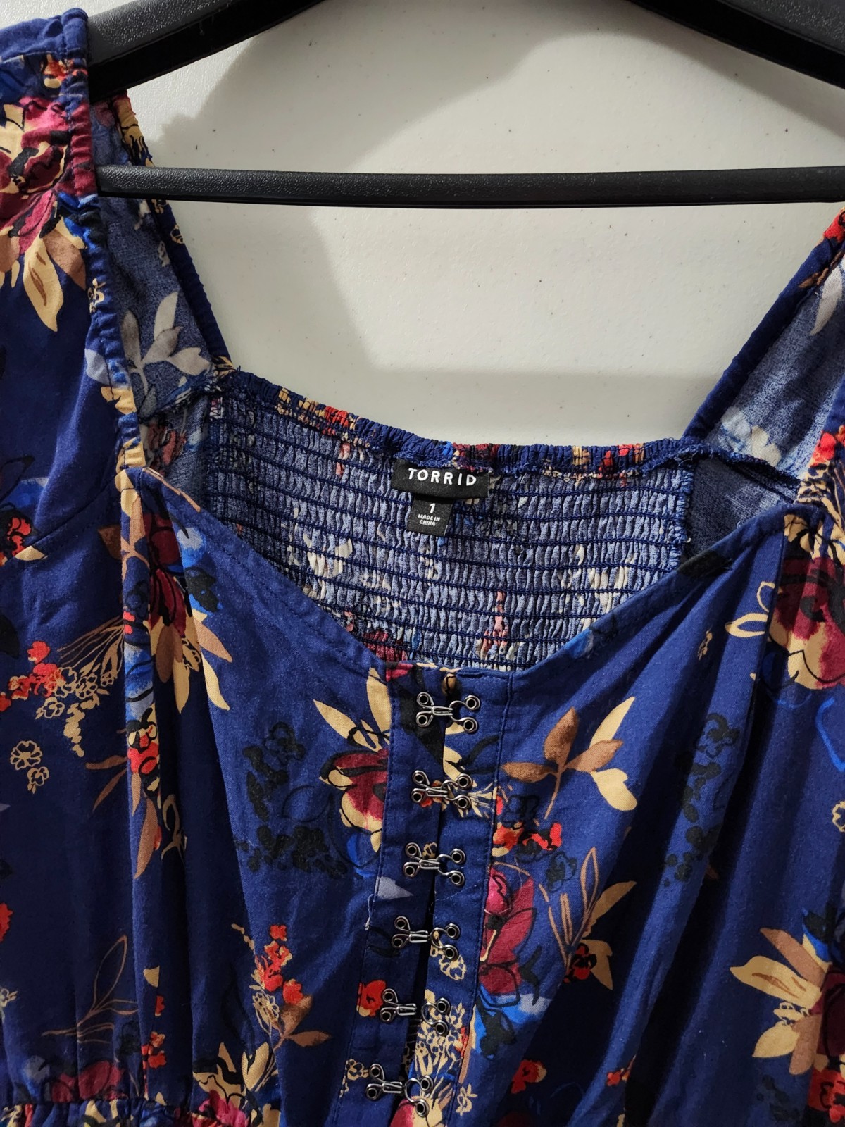 Torrid Dress Womens 1X Blue Skater Hook Eye Henley Floral Smock Short Sleeve Pkt