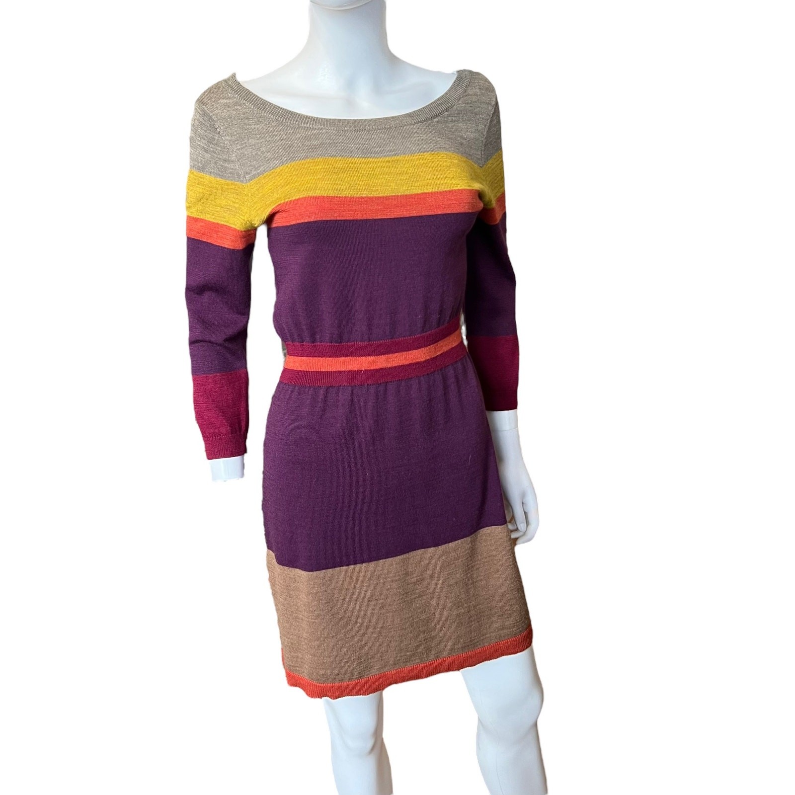 Loft Purple Orange Camel Striped A-Line 3/4 Sleeve Sweater Dress M