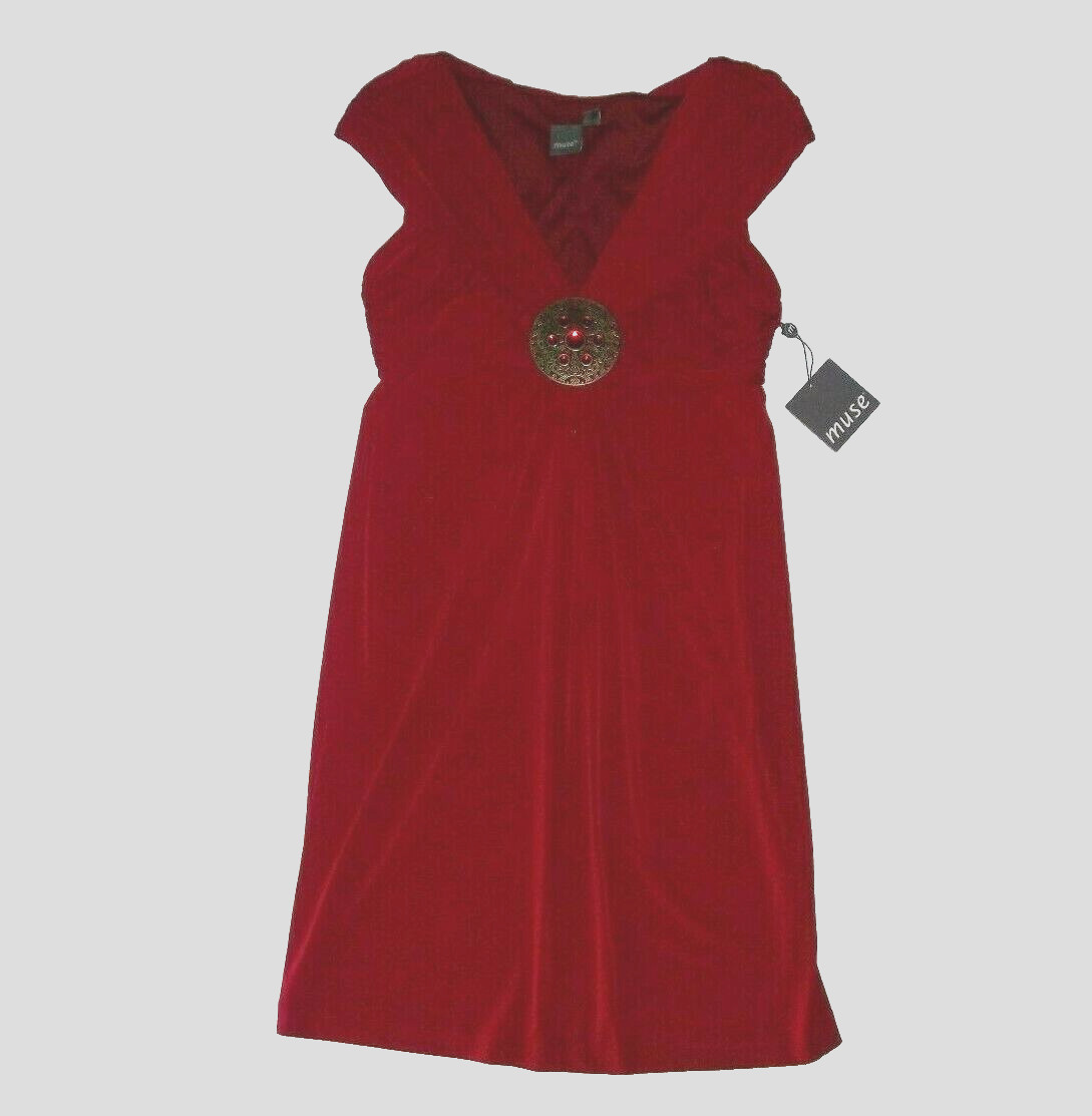 MUSE Jewel MEDALLION Rouched Empire Waist Sleevless RED DRESS Womens Size 6 NEW