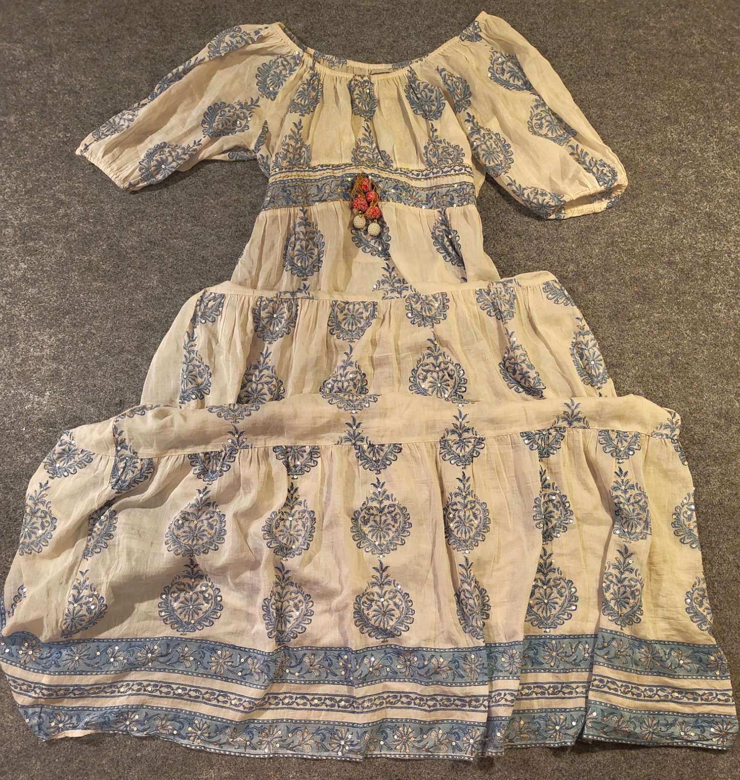BELL Embroidered Boho Maxi Dress Women’s M Cream Blue Floral Tassel Peasant