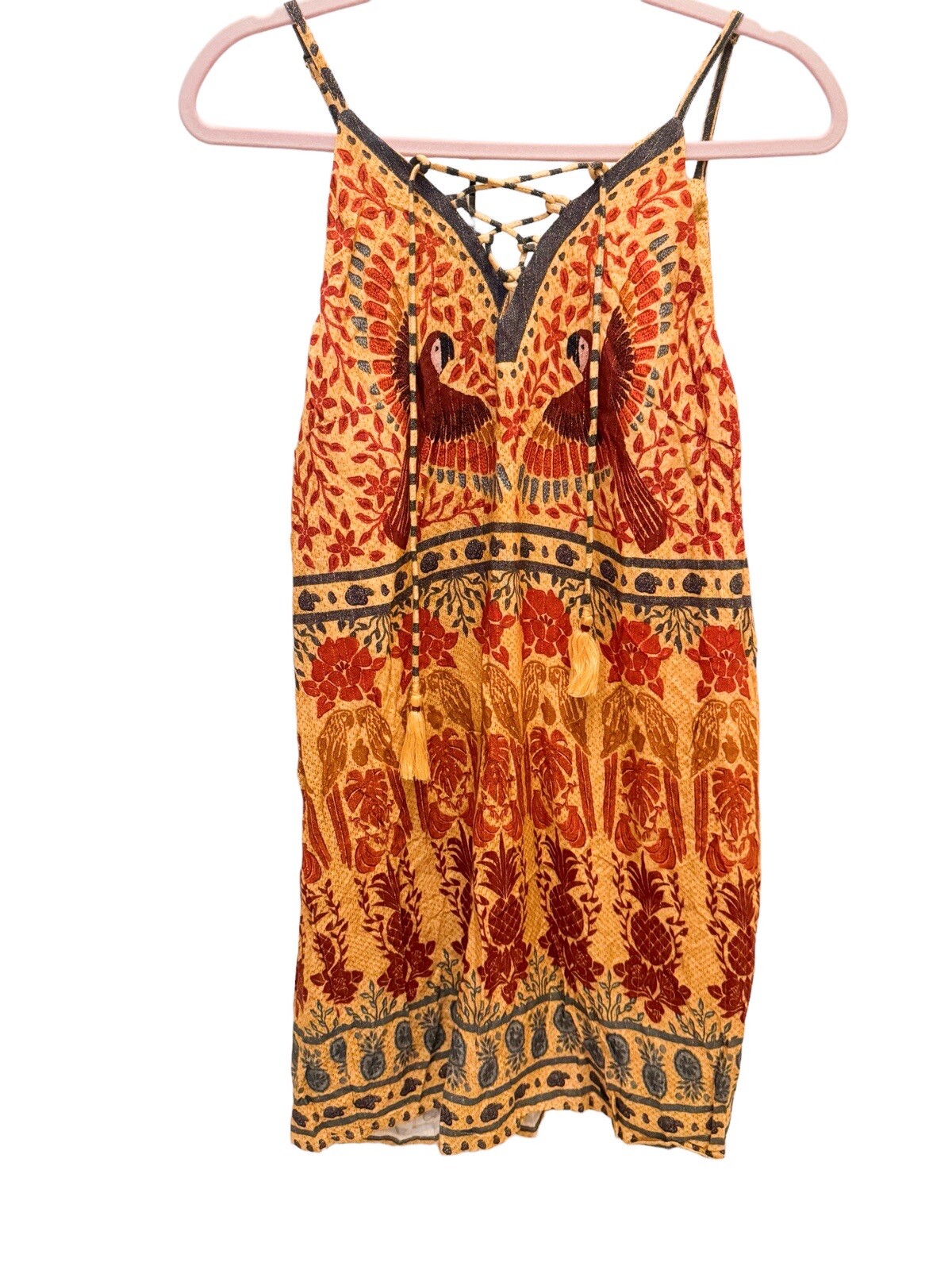Farm Rio Brazil Tropical Bird Mini Dress Lace Up Tassel Boho Resort S