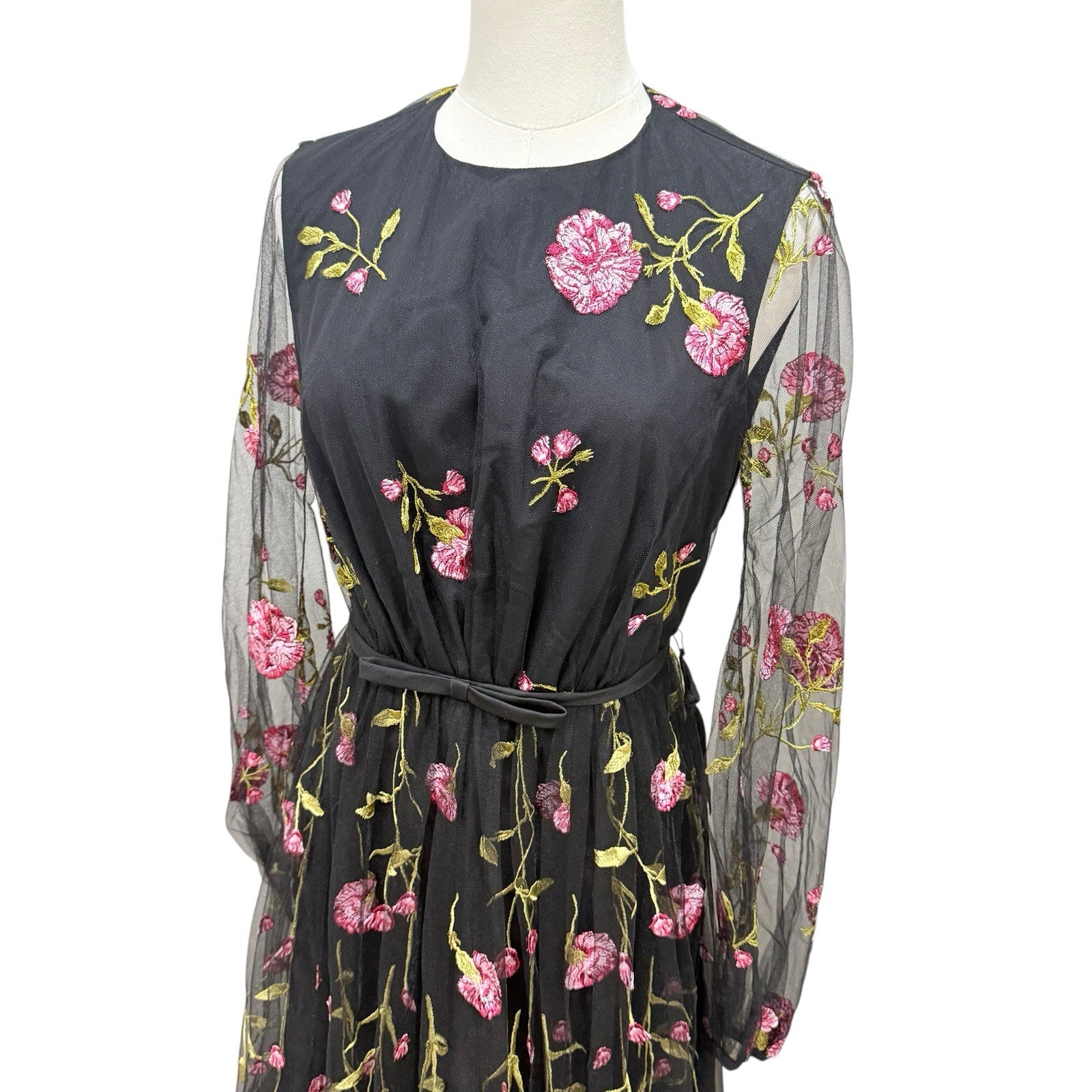 GIAMBATTISTA VALLI Carnation Embroidered Long Sleeve Maxi Dress Black/Rose SZ 4