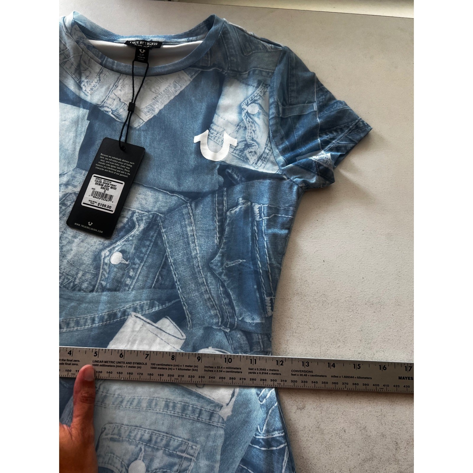 True Religion Denim Print Mesh Lined Midi Dress Blue AOP Bodycon S NEW 90s Y2K