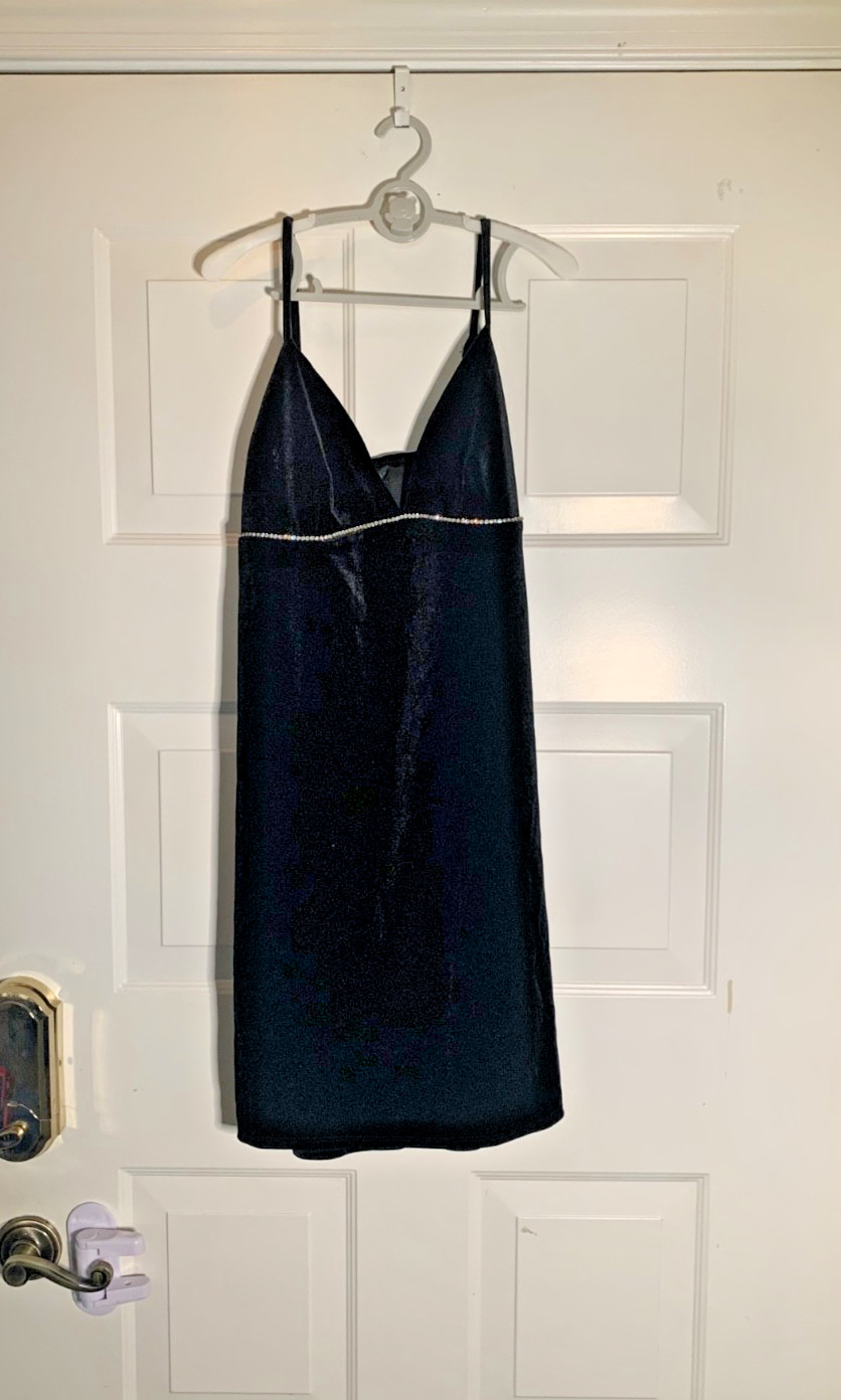 Wild Fable Black Velvet Mini Dress Medium Rhinestone Trim Spaghetti Strap Party