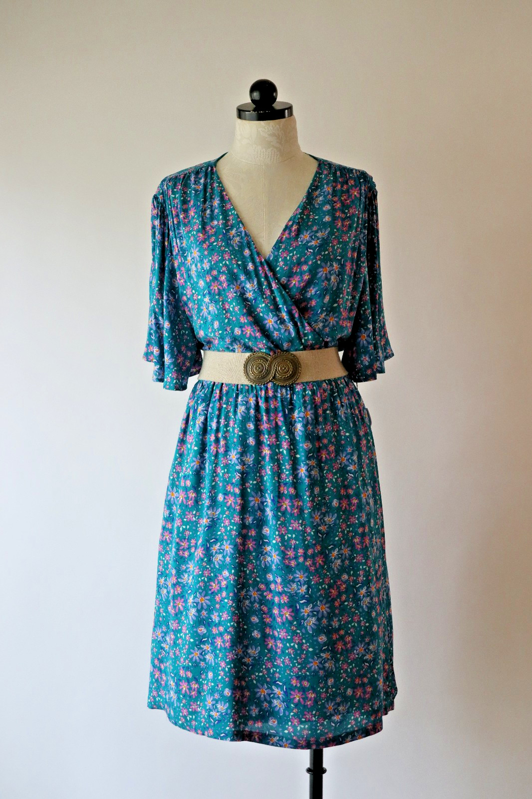 Draper James RSVP Teal Green Floral Short Batwing Sleeve Wrap Dress Women XXL