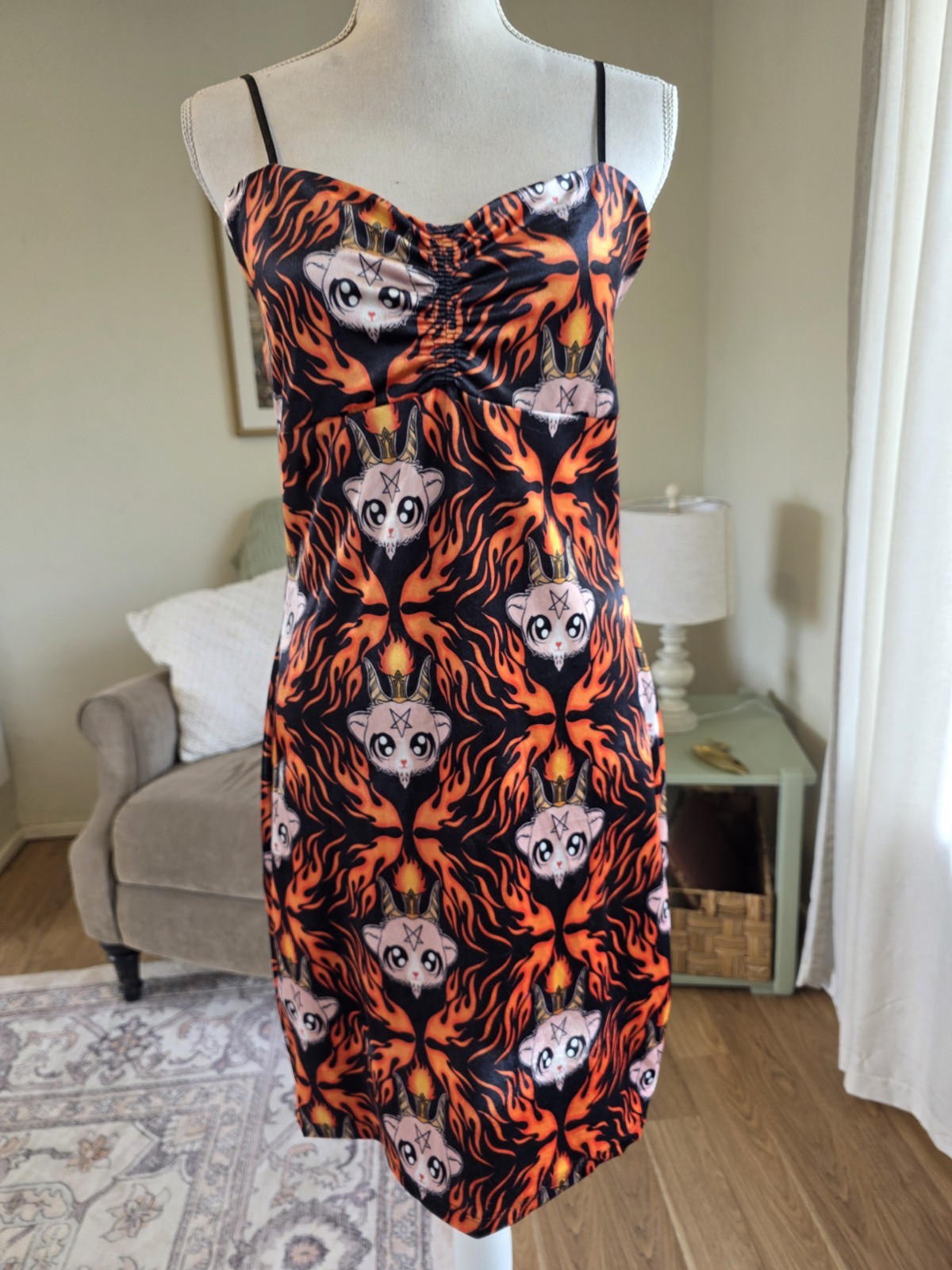 Eye Candy Dress Size XL Velvet Goth Vintage goat heads, pentagrams, Flames Mini