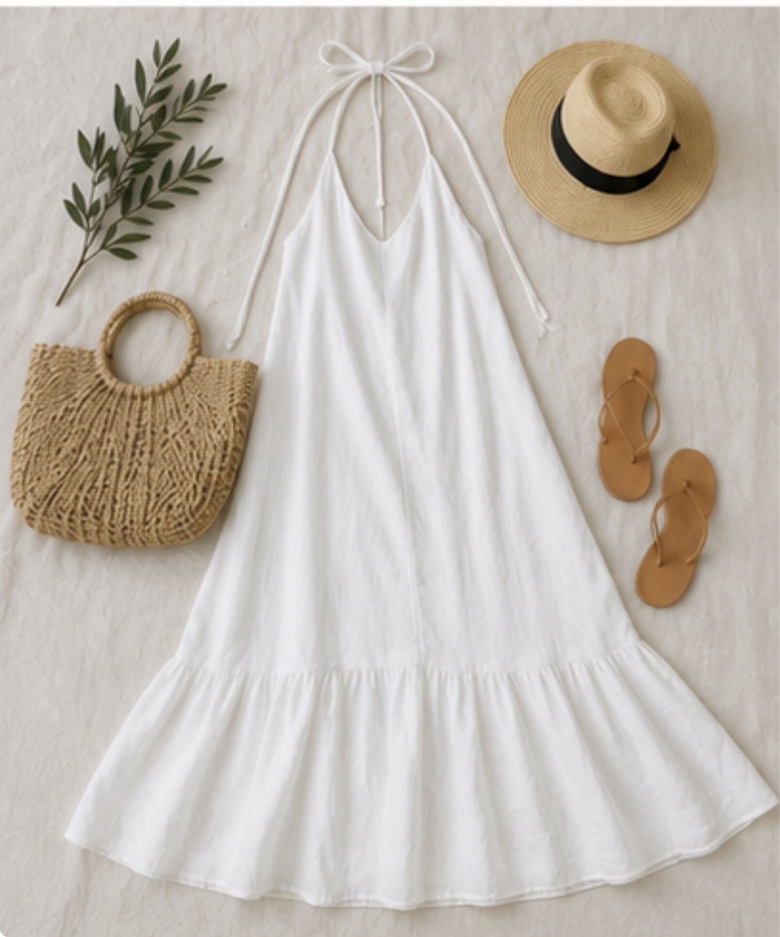 Made in Italy 100% Linen White Halter Maxi Dress Open Back Ruffle Hem L