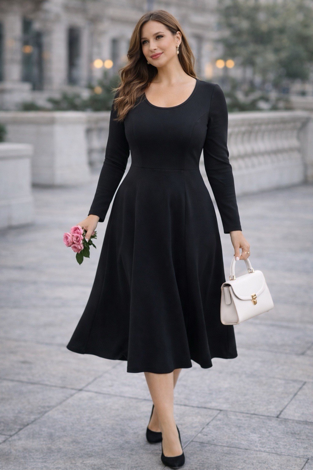 24 seven comfort Elegant Black Long Sleeve Dress Size L
