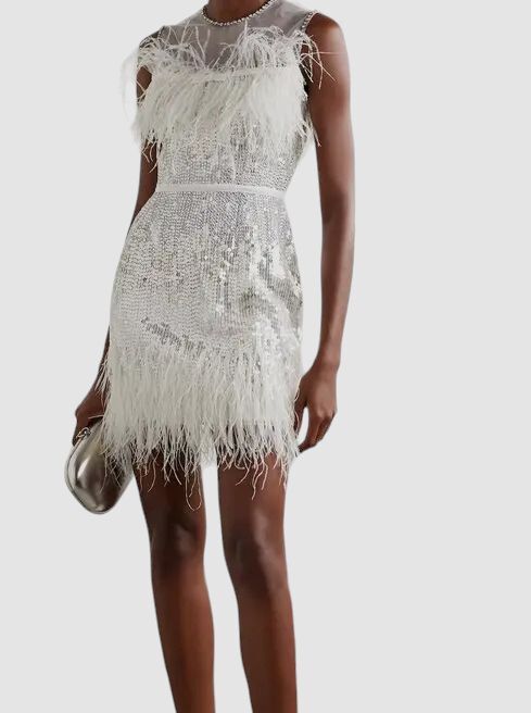 $3050 Jenny Packham Women Ivory Hula Feather and Sequin Mini Dress Size 12