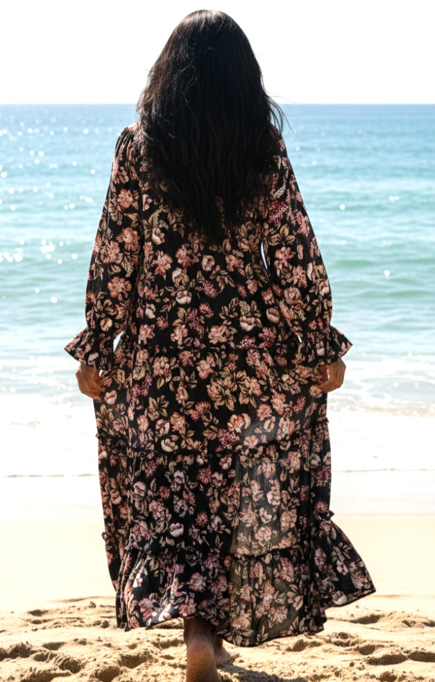 Jaase Maxi Dress Size S NWT Tasselled L/Sleeves Black Floral Party Travel Beach