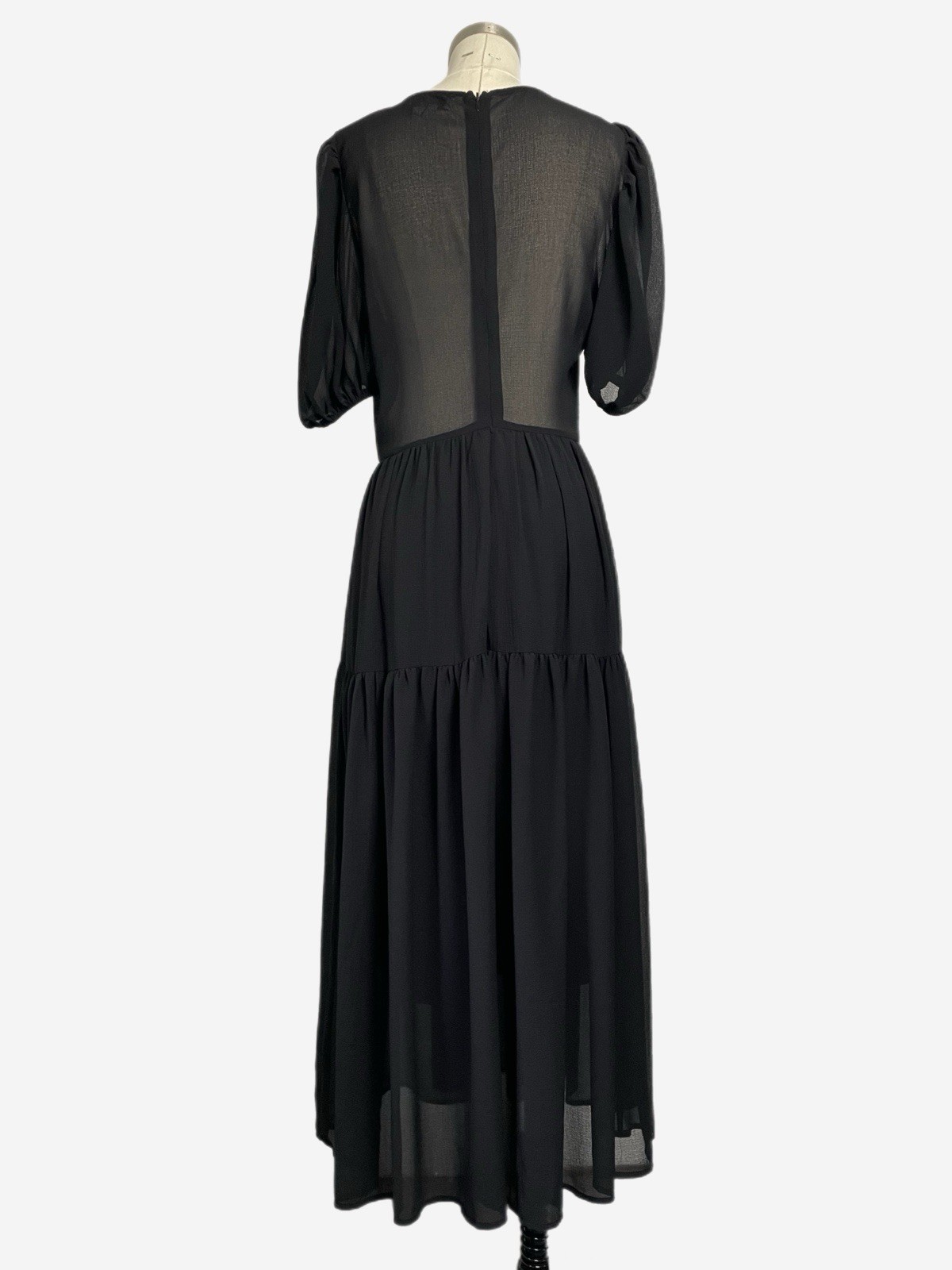 Never Fully Dressed Black Abigail midi dress puff sleeve sheer tiered textured 4