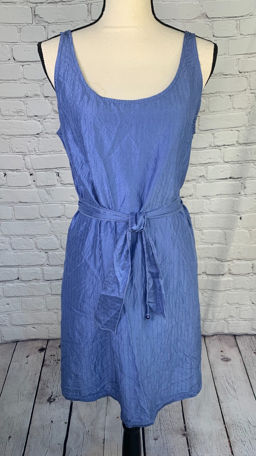 Eileen Fisher Washed 100% Silk Taffeta Dress Sleeveless Tie Pleats Trimmed Hem M