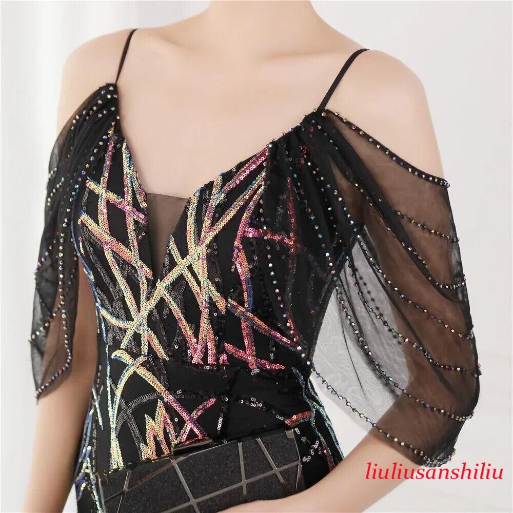 Women’s Wedding Elegant Beading Evening Green Sequin Strap Maxi Long Prom Dress