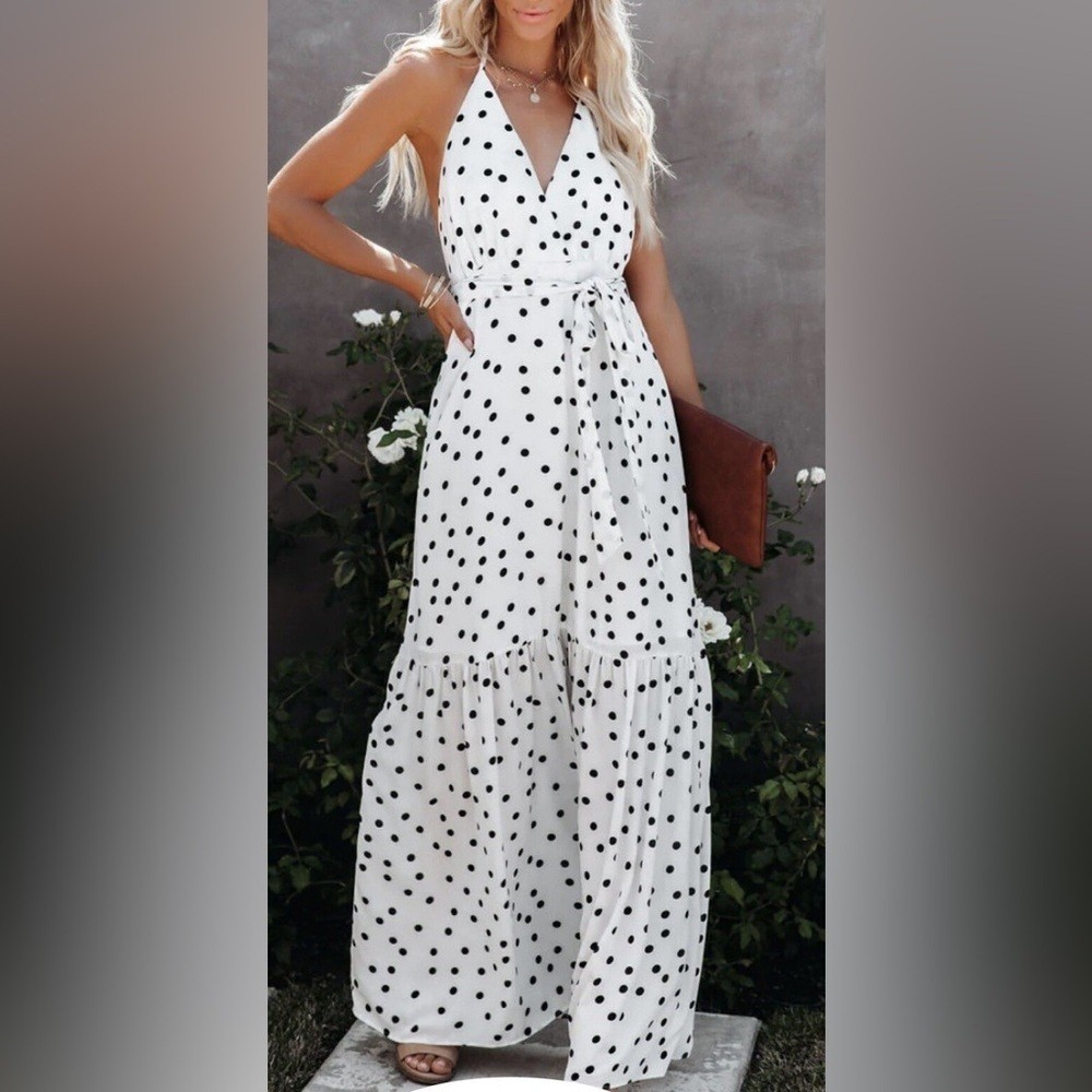 VICI Polka Dot Dress – white maxi dress wedding Payce Halter Kentucky Derby