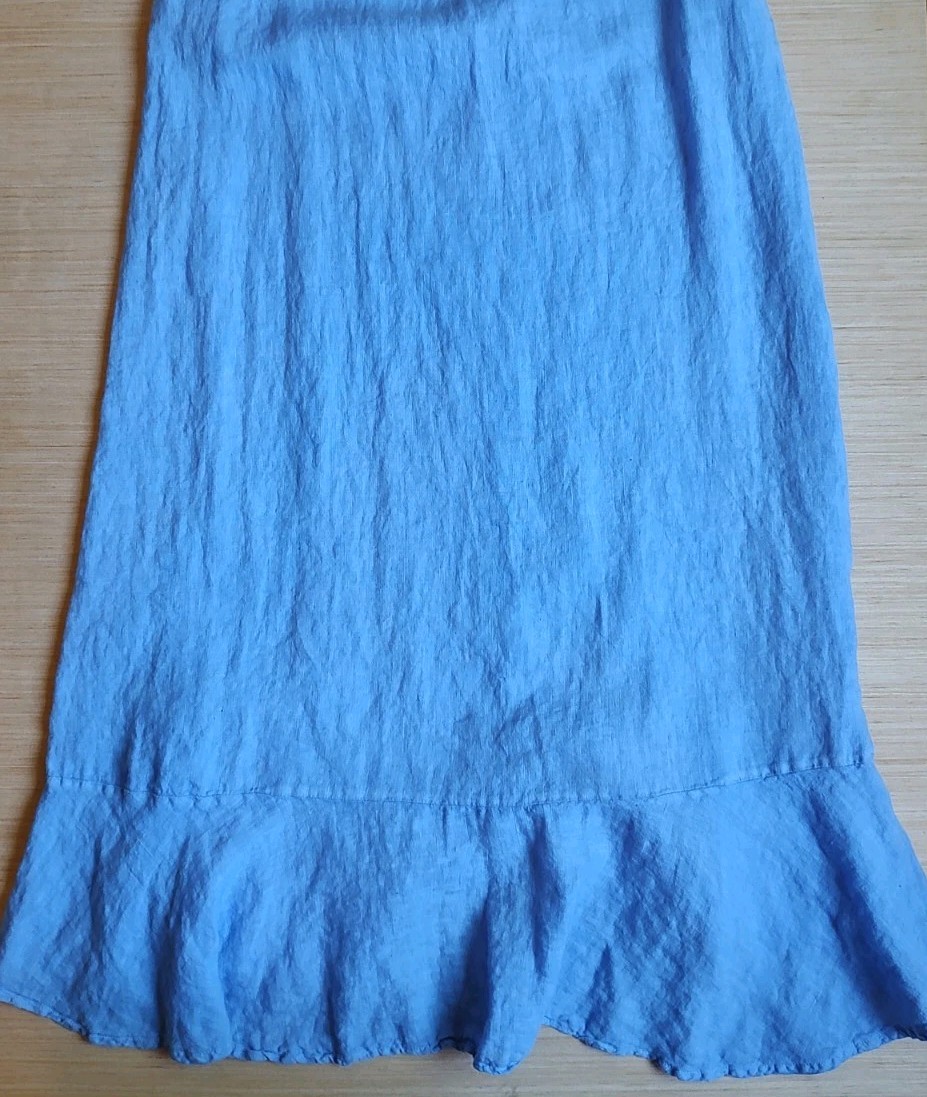 Francesca Bettini Midi Periwinkle Blue 100% Linen Dress Ruffle Hem V Neck Size M