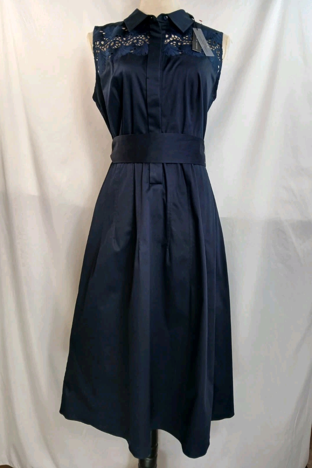 Elie Tahari Navy Sleeveless Midi Tie Belt Shirt Dress Lace Detail Sz 6
