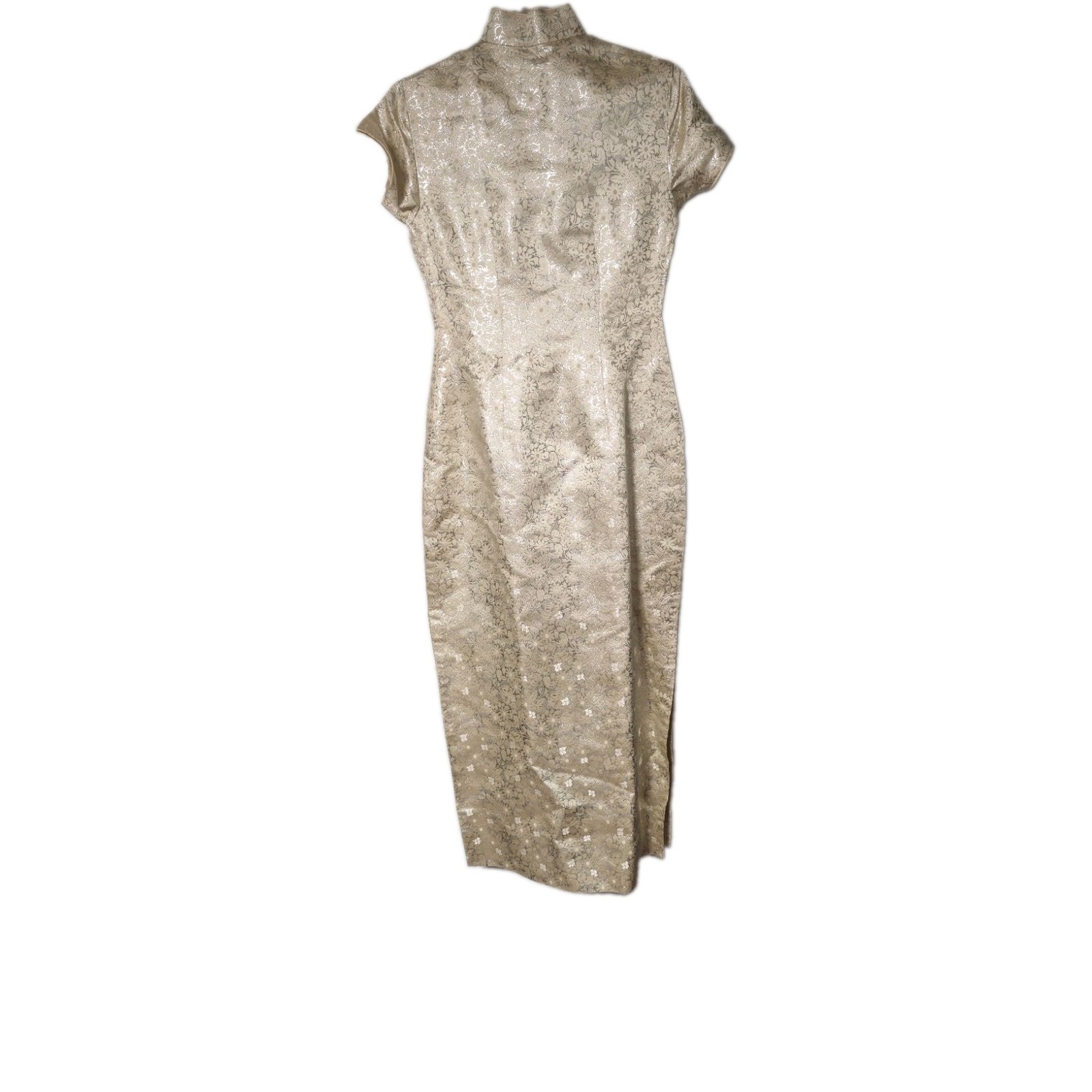 Vintage Asian Dress Women’s Silver Floral Satin Chinese Cheongsam Qipao Midi