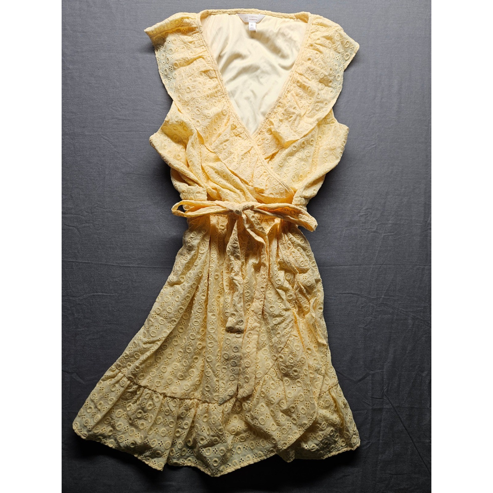 LC Lauren Conrad Yellow Eyelet Wrap Dress Womens XL Ruffle Sleeveless