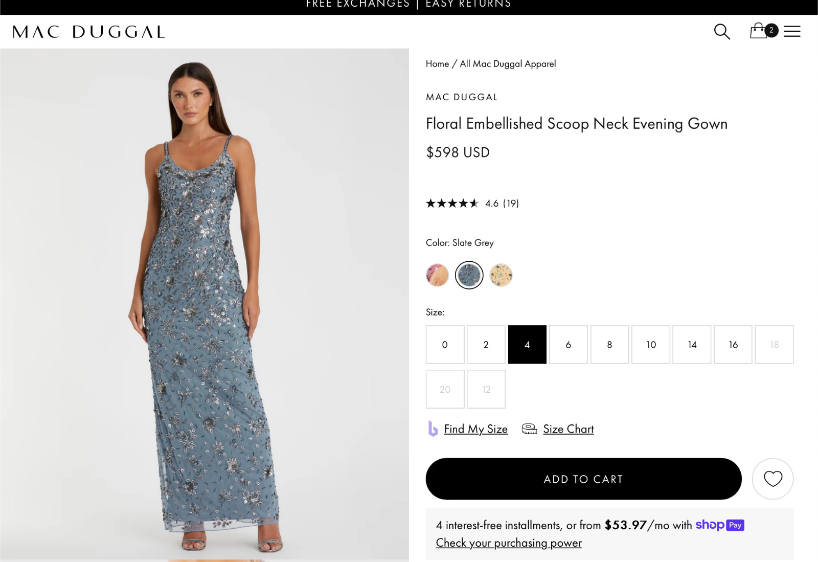 NWT Mac Duggal [ 4 ] 5477 Floral Embellished Scoop Neck Gown in Slate Grey J1154