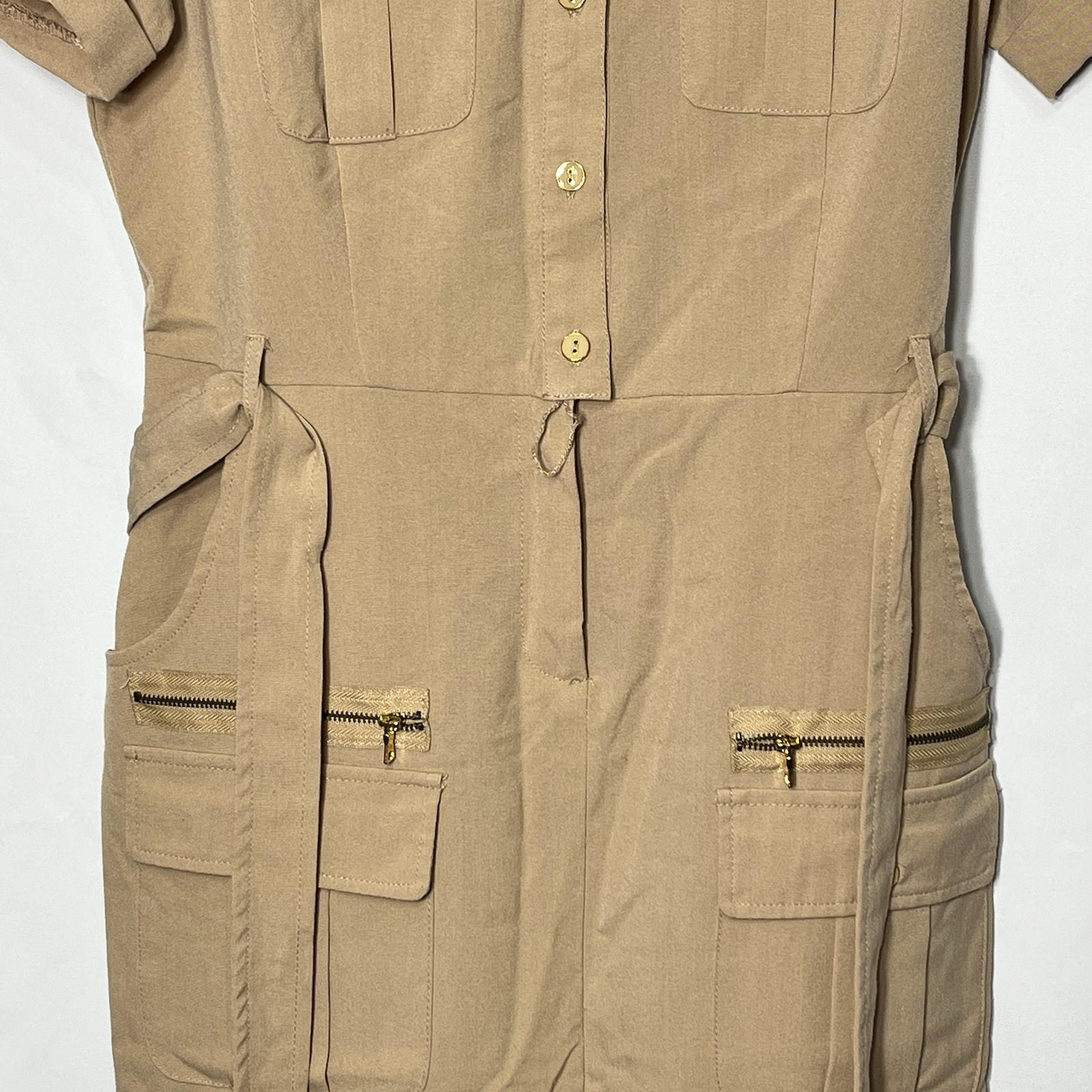 Sharagano Womens Size 10 Tan Collared Belted Shirt Dress Cargo Pockets