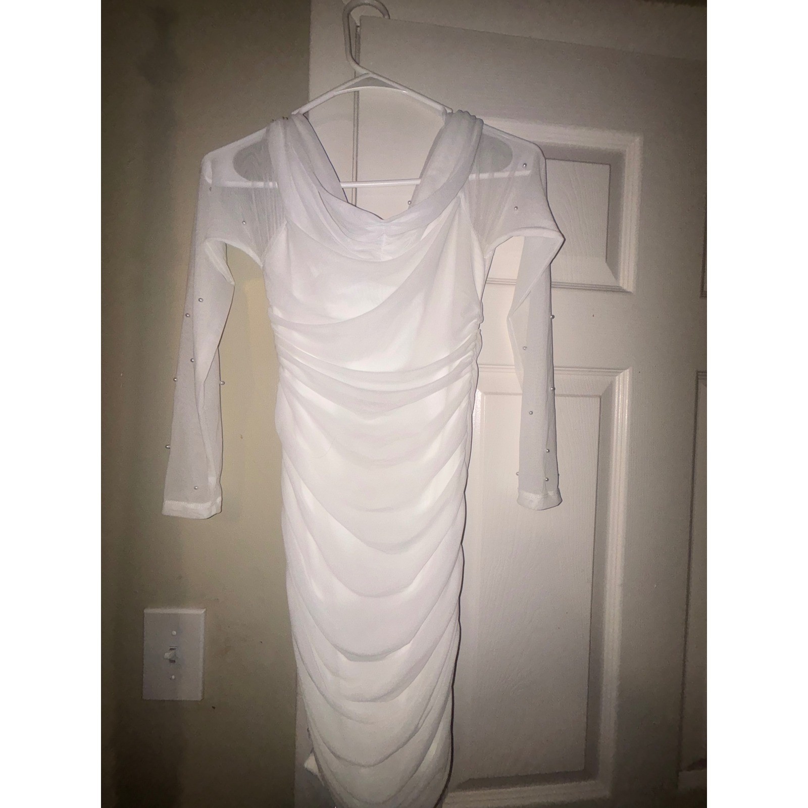 SHEIN White Ruched Pearl Embellish Mesh Long Sleeve Cowl Neck Bodycon Dress S 4