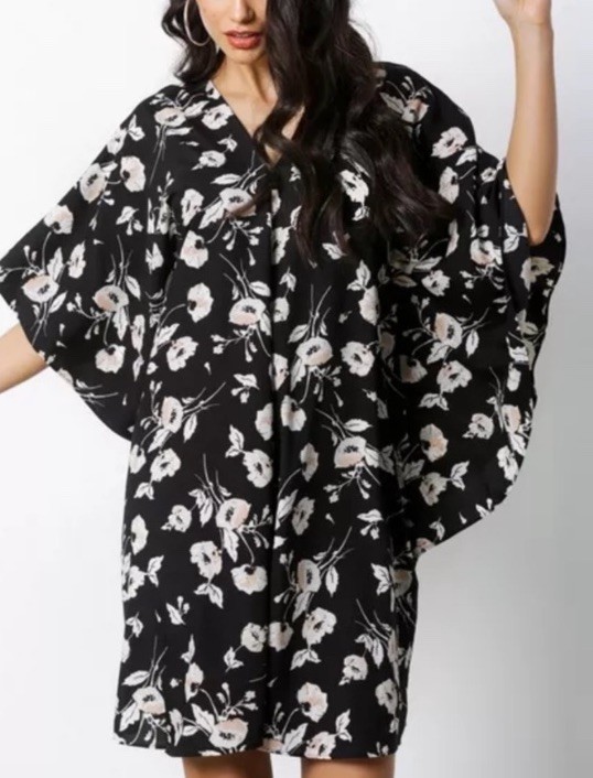 Ralph Lauren B&W Braedyn Kaftan Batwing Kimono Floral V-Neck Shift Mini Dress S