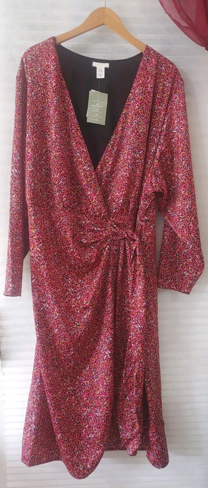 H&M Dress Womens 2XL Pink Floral Wrap Maxi V-Neck Elastic Waist Long Sleeve