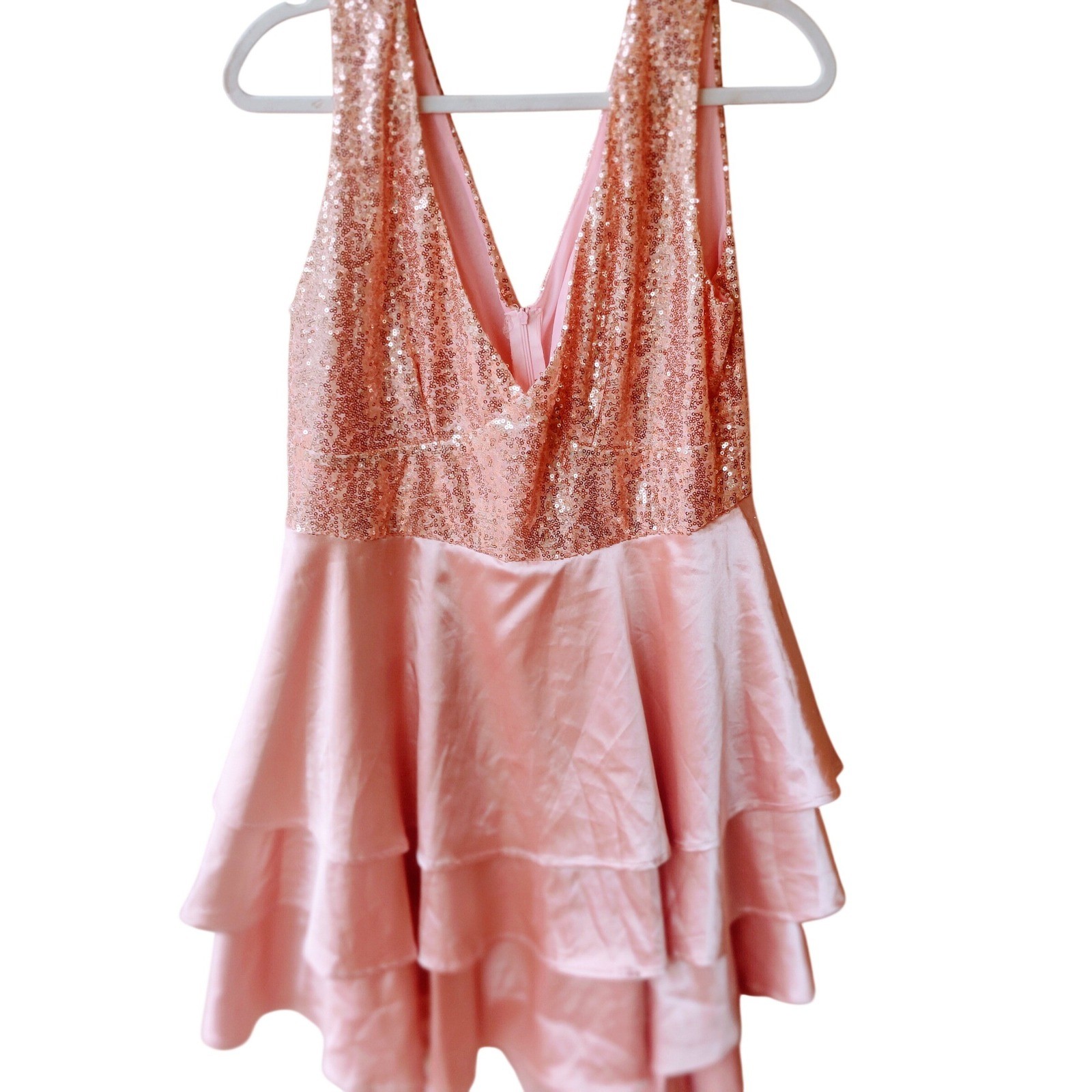 Rose Gold Sequin Satin Tiered Ruffle Mini Dress Pink Party Cocktail Gown Size L