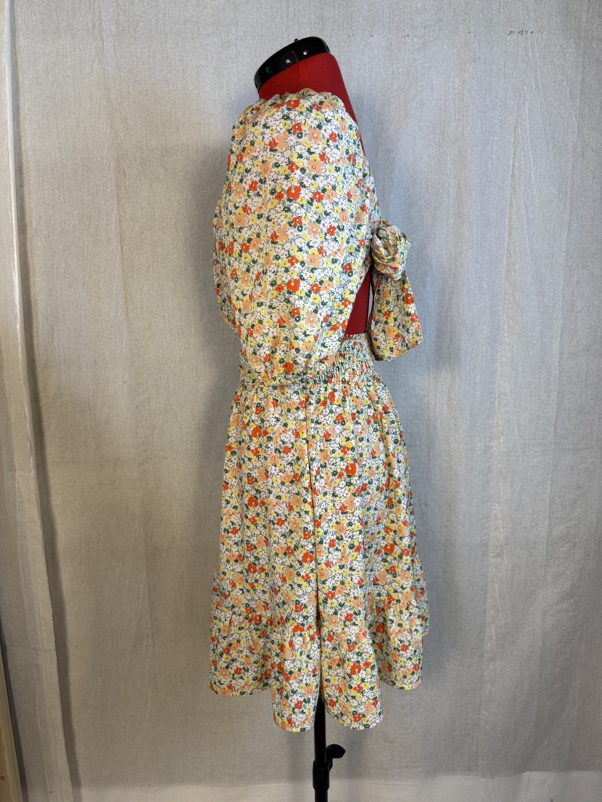 BTFBM Dress Size M Midi 3/4 Sleeve Floral Adjustable Waist Back Tie Boho D652