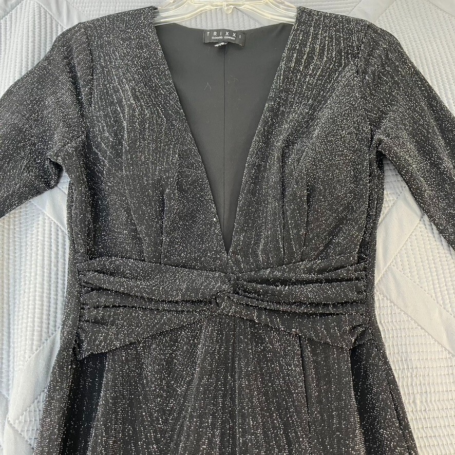 TRIXXI Black Silver Shimmer Chevron Long Sleeve Dress Glam Size M
