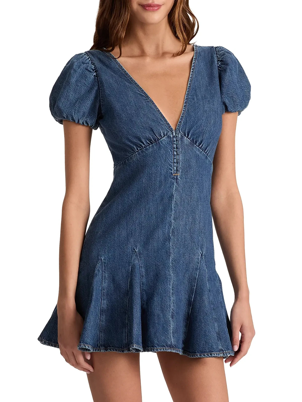 ALICE & OLIVIA (8) FARA CAMBRIA VINTAGE PUFF SLEEVE DENIM MINI DRESS NWTMSRP$495