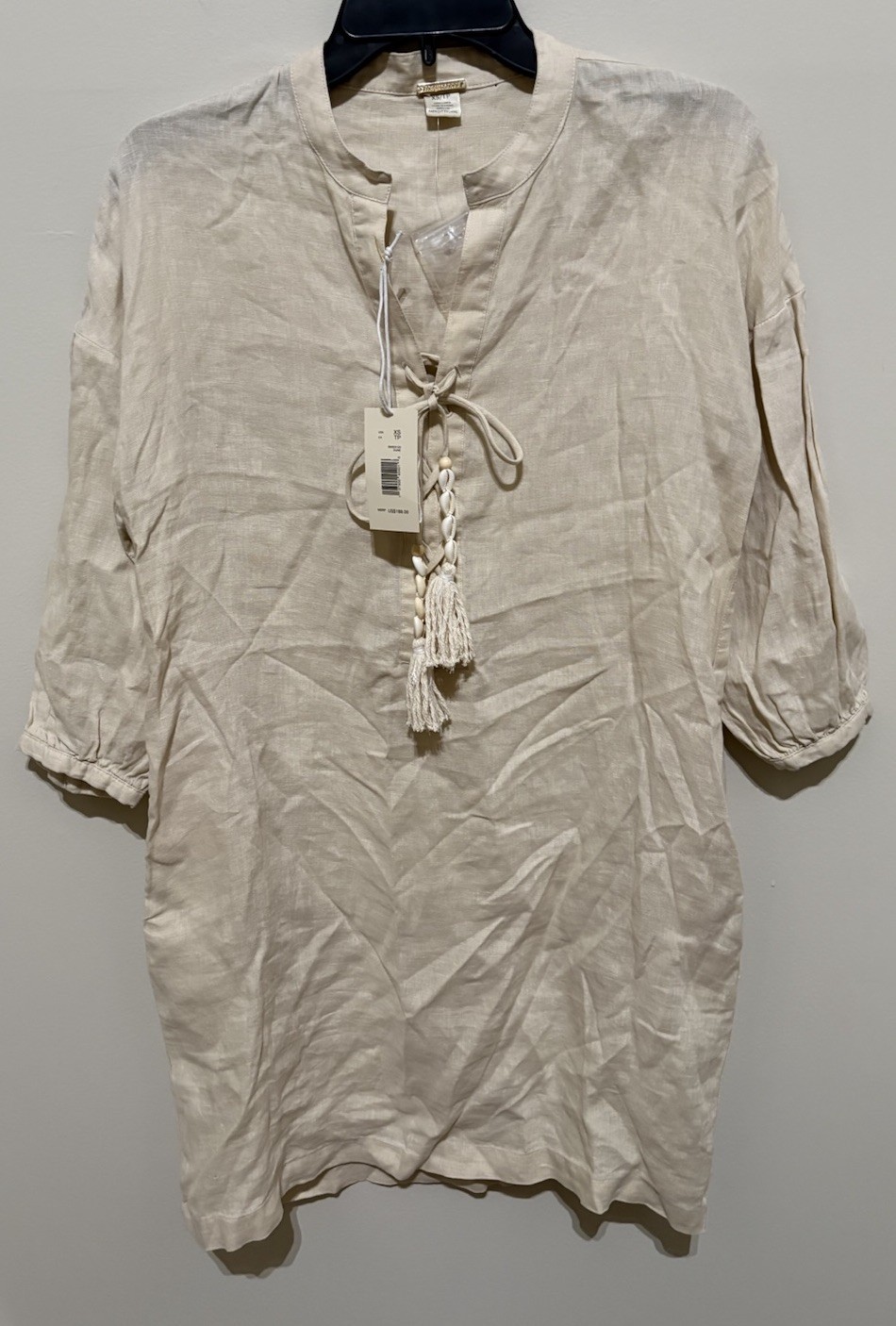 Magaschoni Oatmeal Linen Peasant Shift Dress XS NWT Shell Tassel Oversized