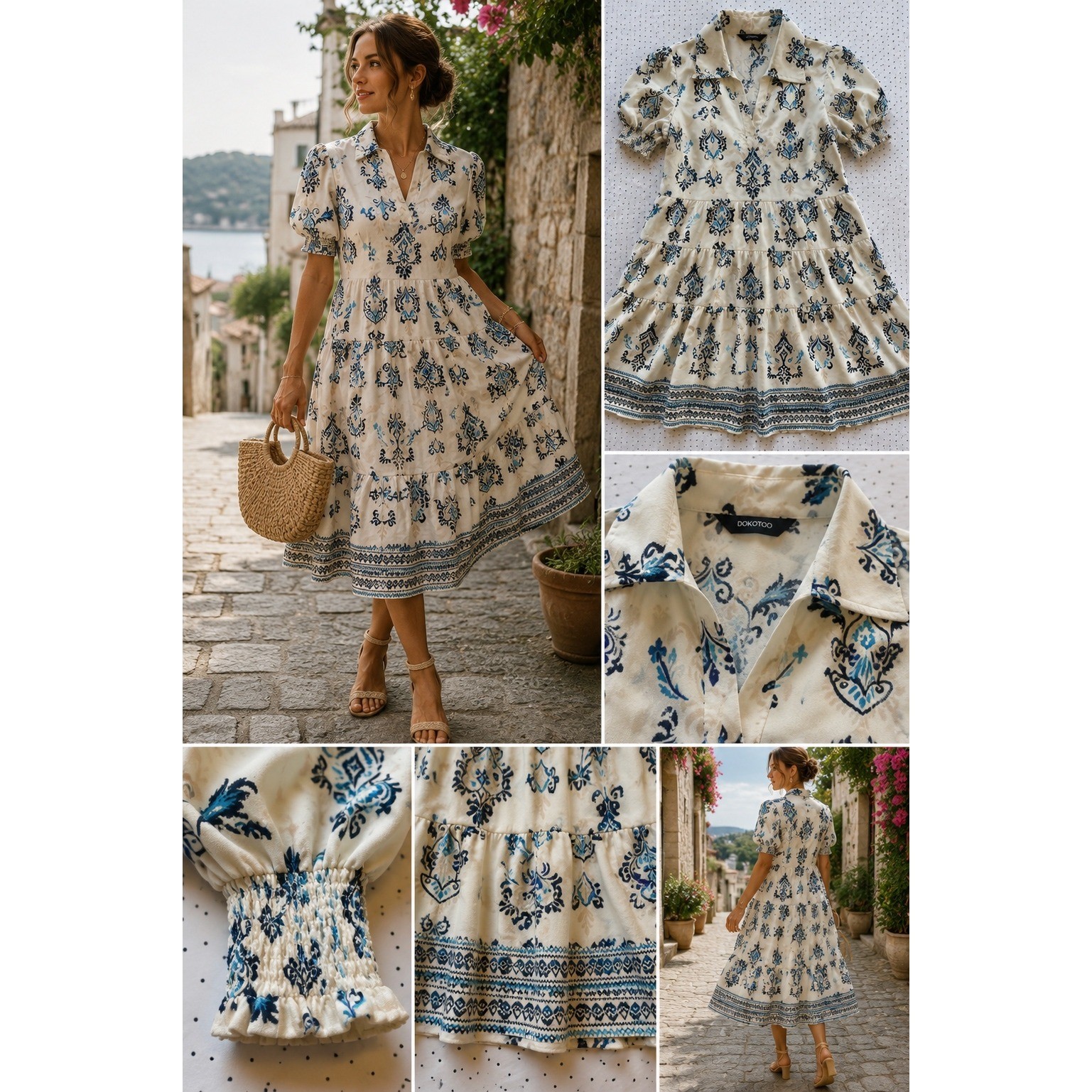 Blue Damask Print Tiered Midi Dress Puff Sleeve V-Neck Boho Cream Pockets