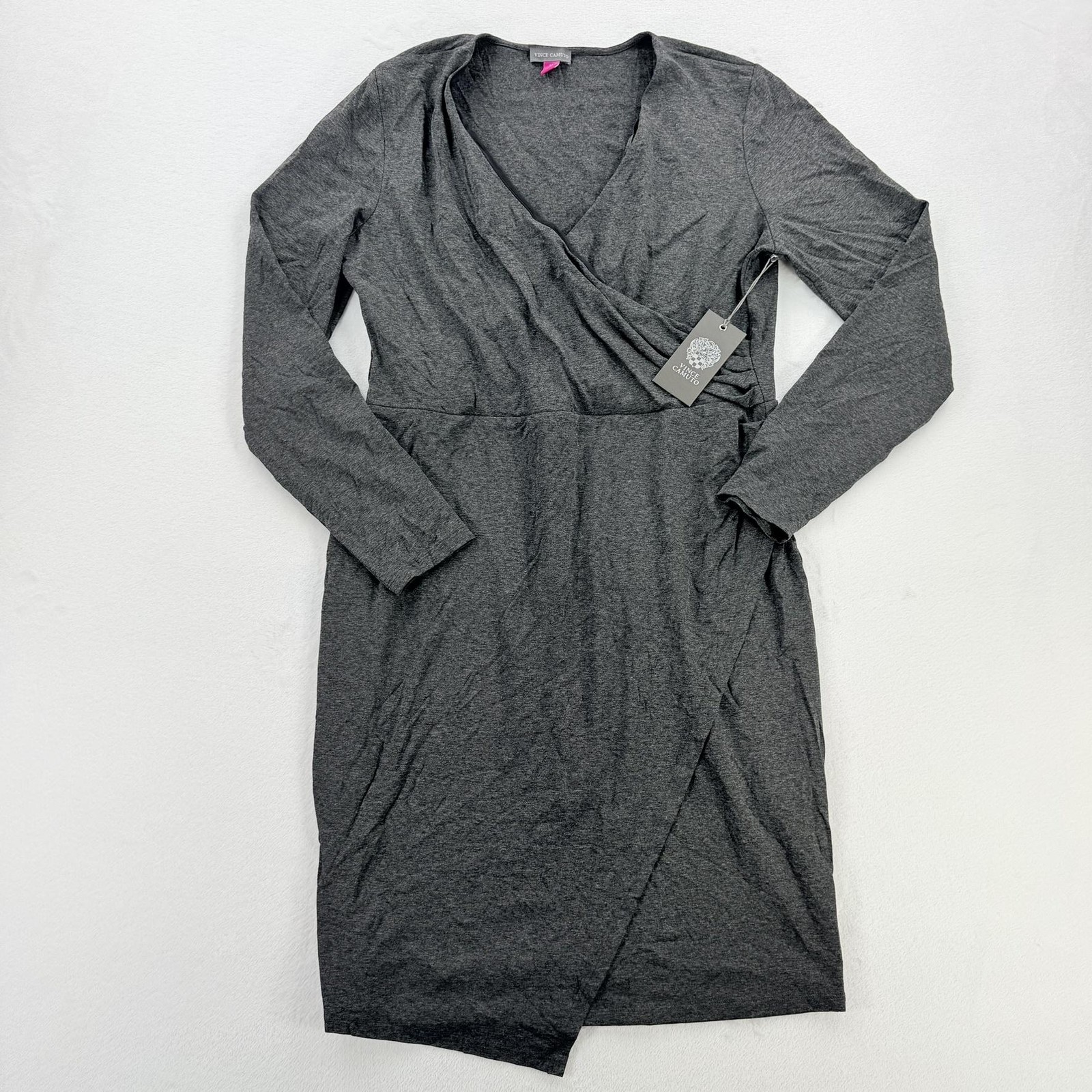 Vince Camuto Dress Womens Medium Gray Long Sleeve Wrap V Neck Jersey Knee Length