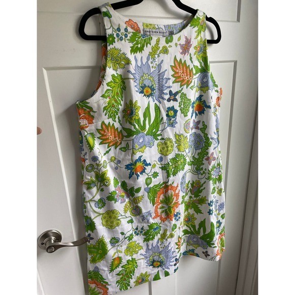 Gretchen Scott Sleeveless Cotton Shift Dress XL Resortwear Floral Lined Pockets
