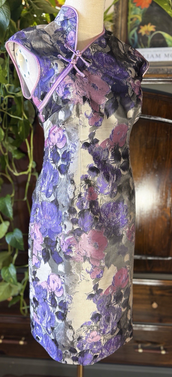 Sz L Vintage Silk Oriental Traditional Chinese Mandarin Cheongsam Midi Dress Vtg