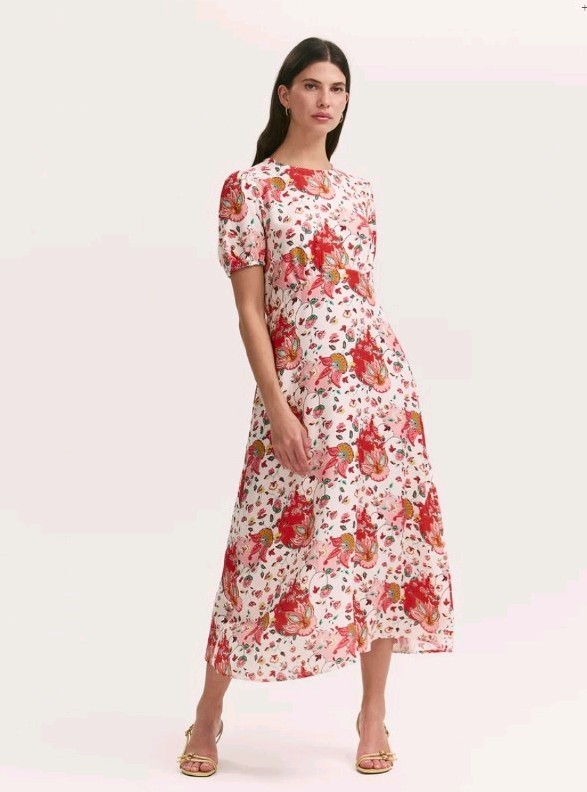 Finery London Lili Coral Floral Midi Tea Summer Viscose Rich Dress Uk 14 RRP£49