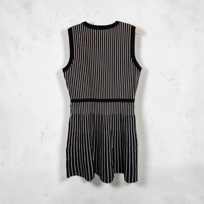 NWT Anne Klein $129 Black White Striped Knit Fit & Flare Dress Sleeveless Large