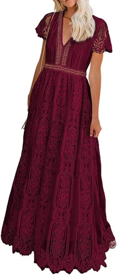 BLENCOT Womens Casual Boho Floral Lace V Neck Long Evening Dress SZE XL