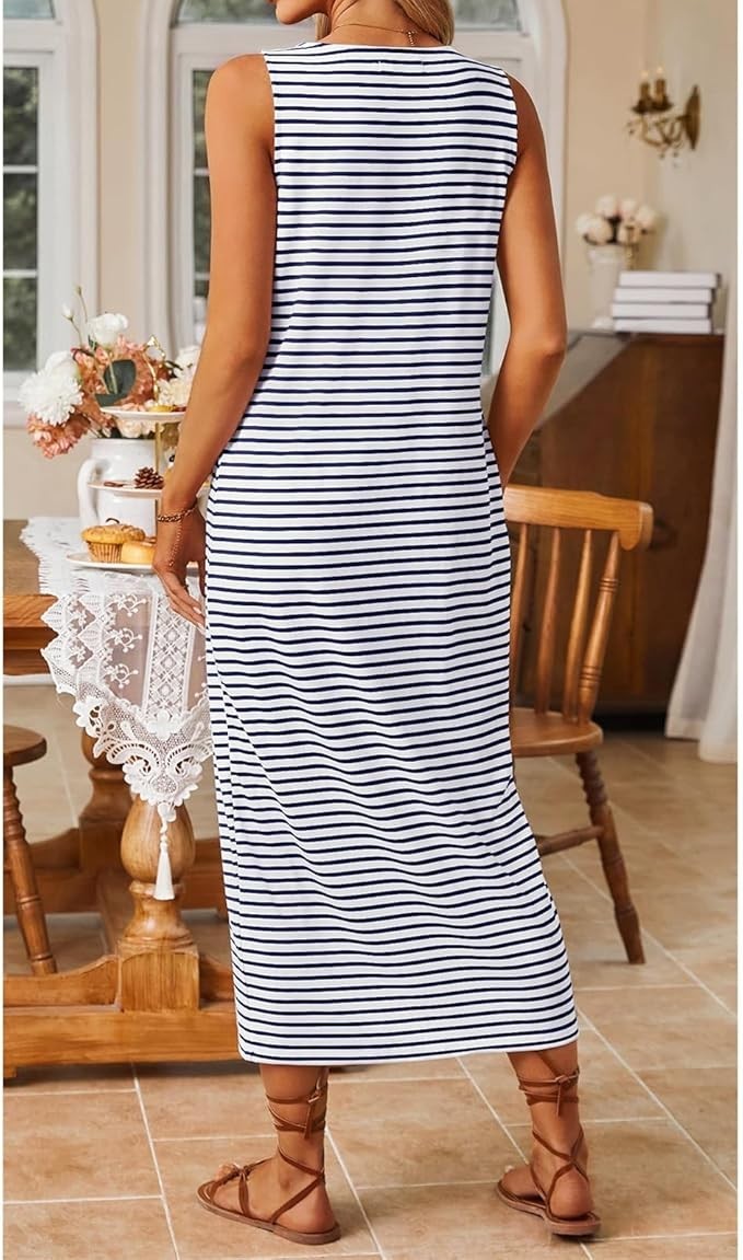 SHEIN Blue and White Striped Gold Button Front Sleeveless Dress Casual U Neck S