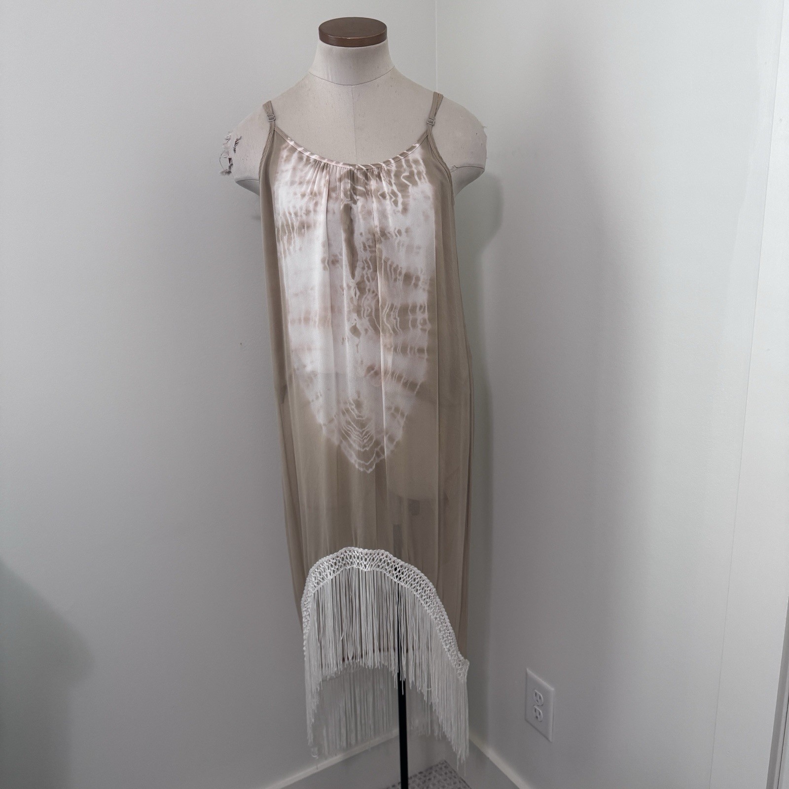 GYPSY 05 Women’s XS Natalie 100% Silk Tank DRESS Fringe Trim Tie Dye Boho